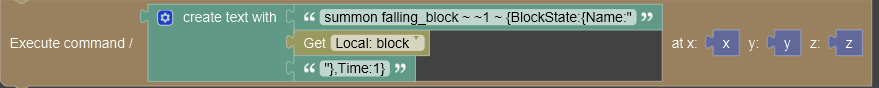 summon falling_block ~ ~1 ~ {BlockState:{Name:"  𝐆𝐞𝐭 𝐋𝐨𝐜𝐚𝐥: 𝐛𝐥𝐨𝐜𝐤  "},Time:1}